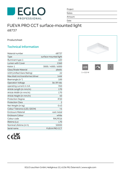 Белый накладной настенно-потолочный светильник EGLO FUEVA PRO CCT 68737, встроенный LED 14Вт, 3000 / 4000 / 6000К, CRI 80, 1360Лм, угол 100°, литой металлический корпус RAL 9016, 170 × 170 × 40 мм, IP20, угол рассеивания 100° Белый накладной настенно-потолочный светильник EGLO FUEVA PRO CCT 68737, встроенный LED 14Вт, 3000 / 4000 / 6000К, CRI 80, 1360Лм, угол 100°, литой металлический корпус RAL 9016, 170 × 170 × 40 мм, IP20, угол рассеивания 100°