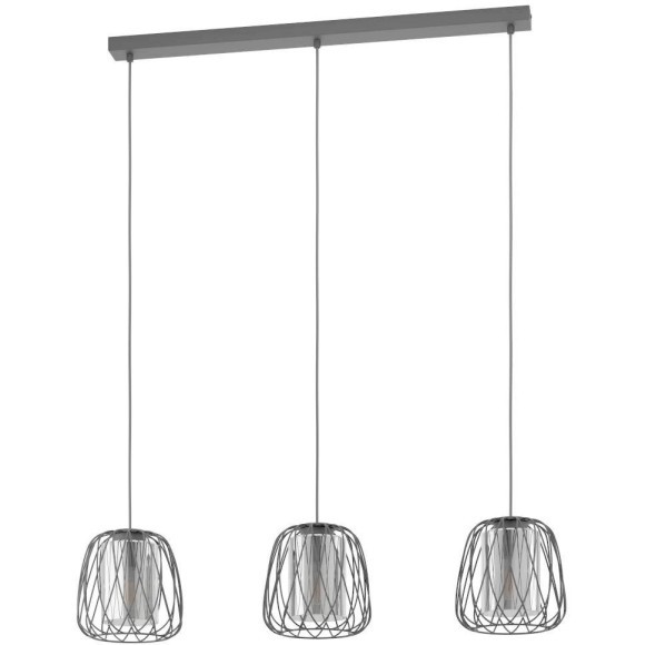 EGLO FLORESTA 99706 Подвесной линейный светильник-люстра современный лофт, лампы 3xE27 до 40Вт, общая мощность до 120Вт, 220-240В, IP20, регулируемая высота, без выключателя, черная сталь и дымчатое стекло, длина 890 мм, ширина 190 мм, высота 1100 мм