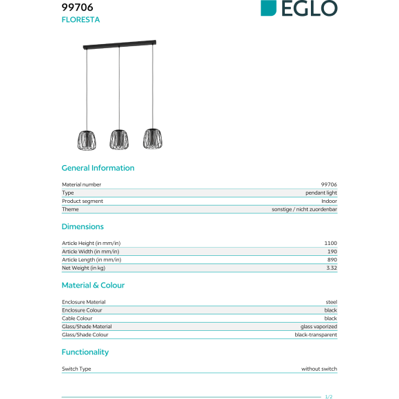 EGLO FLORESTA 99706 Подвесной линейный светильник-люстра современный лофт, лампы 3xE27 до 40Вт, общая мощность до 120Вт, 220-240В, IP20, регулируемая высота, без выключателя, черная сталь и дымчатое стекло, длина 890 мм, ширина 190 мм, высота 1100 мм