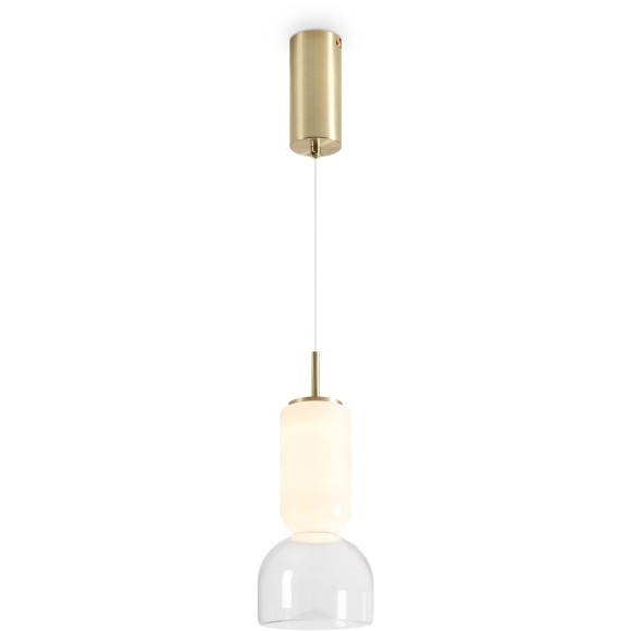 Freya Ore FR5636PL-L6G1 Подвесной LED-светильник в стиле модерн, 6 Вт, 3000К, CRI 80, 400 лм, 120°, 220В, основание металл цвета латунь, плафон белое+прозрачное стекло, диаметр 130 мм, высота 470 - 2350 мм