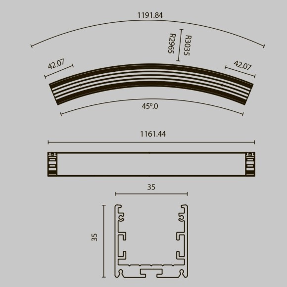 Радиусный профиль 35x35 Ø3000мм 1/8 круга черный ALM-3535R-B-D-45°-3M