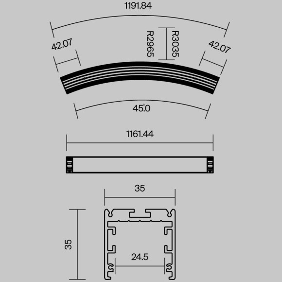 Радиусный профиль 35x35 Ø3000мм 1/8 круга черный ALM-3535R-B-D-45°-3M