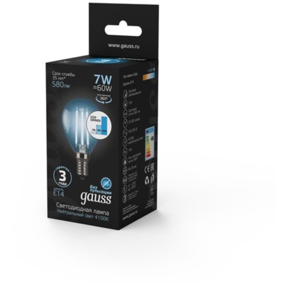 105801207-S Лампа Gauss Filament Шар 7W 580lm 4100К Е14 шаг. диммирование LED 1/10/50 105801207-S Лампа Gauss Filament Шар 7W 580lm 4100К Е14 шаг. диммирование LED 1/10/50