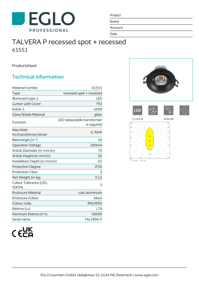 Черный встраиваемый точечный спот EGLO TALVERA P 61551, встроенный LED, 6.96Вт, 4000К, 792Лм, угол 50°, диаметр 75 мм, монтажная глубина 65 мм, угол рассеивания 50°