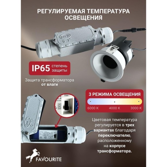 4789-1C Встраиваемый влагозащищенный светодиодный светильник с доп. рамкой под штукатурку, черный, 9Вт 450Лм 3000;4000;6000K CRI90+ 45° IP65