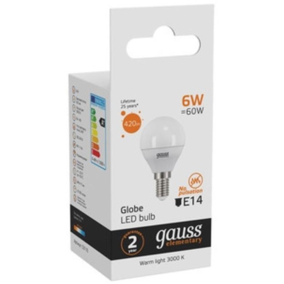 53116 Лампа Gauss LED Elementary Шар 6W E14 420lm 3000K 1/10/50 53116 Лампа Gauss LED Elementary Шар 6W E14 420lm 3000K 1/10/50