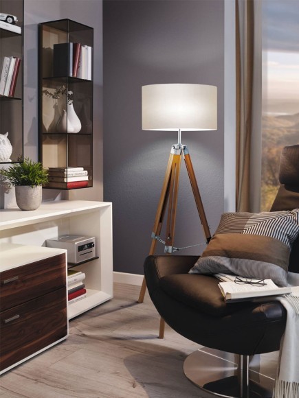 94324 EGLO LANTADA Торшер на треноге с абажуром, 1xE27, 60Вт, механический выключатель, дерево/текстиль, бежевый