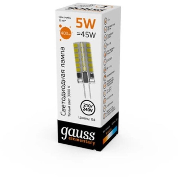 18015 Лампа Gauss Elementary G4 AC210-240V 5W 400lm 3000K силикон LED 1/20/200 18015 Лампа Gauss Elementary G4 AC210-240V 5W 400lm 3000K силикон LED 1/20/200