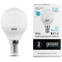 53126 Лампа Gauss LED Elementary Шар 6W E14 450lm 4100K 1/10/100