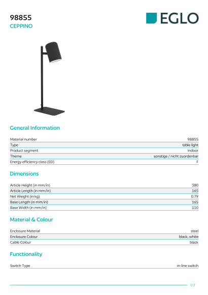 Настольная лампа EGLO CEPPINO 98855 с LED GU10, 4.5Вт, 345Лм, 3000К, подключение 220В