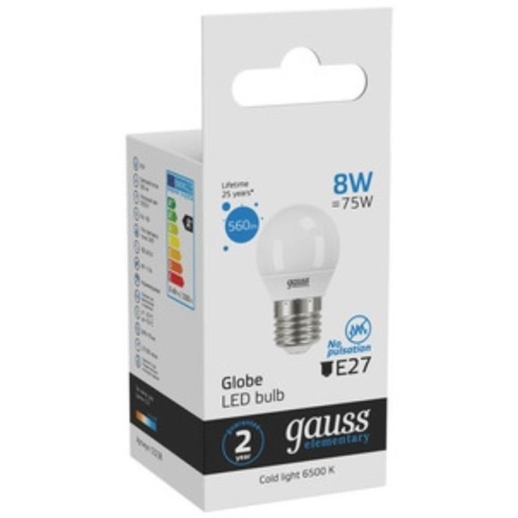 53238 Лампа Gauss LED Elementary Шар 8W E27 560lm 6500K 1/10/100