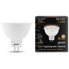 201505105 Лампа Gauss LED MR16 GU5.3 5W 12V 500lm 2700K 1/10/100 201505105 Лампа Gauss LED MR16 GU5.3 5W 12V 500lm 2700K 1/10/100