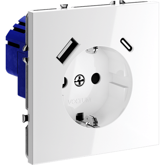 Розетка встраиваемая VOLTUM S70 с заземлением и защитными шторками, 16А, с USB, A+С, (белый глянцевы