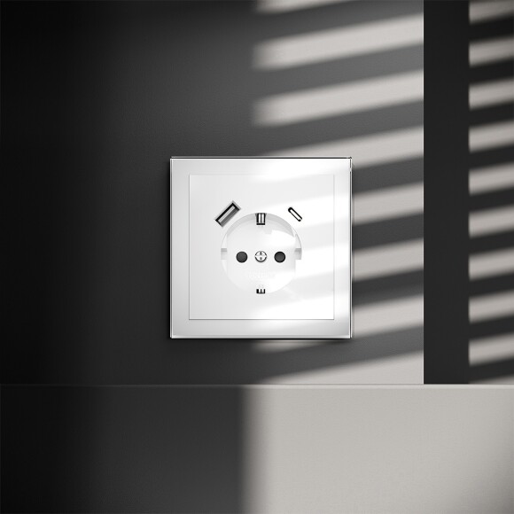 Розетка встраиваемая VOLTUM S70 с заземлением и защитными шторками, 16А, с USB, A+С, (белый глянцевы