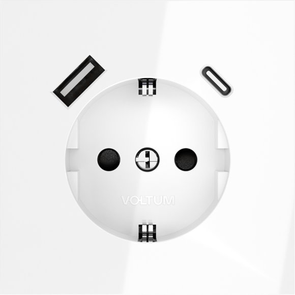 Розетка встраиваемая VOLTUM S70 с заземлением и защитными шторками, 16А, с USB, A+С, (белый глянцевы