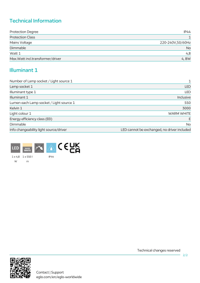 Уличный настенный светильник EGLO BRIANZA 98707, встроенный LED 4.8Вт, 3000К, подключение 220В, IP44, белый пластиковый рассеиватель, поворотная головка до 350°