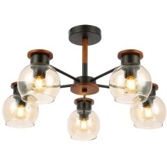SLE108102-05 Светильник потолочный Черный, Темное дерево/Прозрачный, Янтарный E27 5*60W RASCO SLE108102-05 Светильник потолочный Черный, Темное дерево/Прозрачный, Янтарный E27 5*60W RASCO