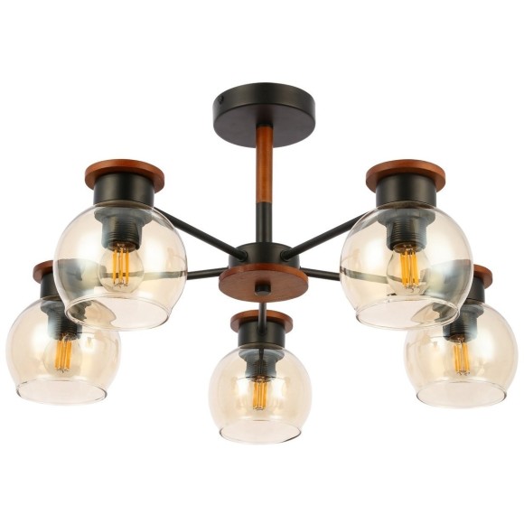 SLE108102-05 Светильник потолочный Черный, Темное дерево/Прозрачный, Янтарный E27 5*60W RASCO