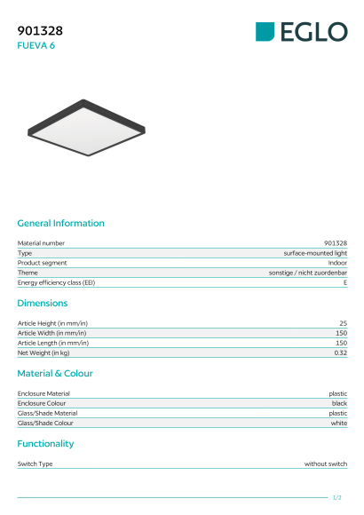 Настенно-потолочный светильник EGLO FUEVA 6 901328, встроенный LED 7Вт, 2700 / 4000 / 6500К, CRI 80, 1100Лм, подключение 220В, 150 × 150 × 25 мм, IP44 Настенно-потолочный светильник EGLO FUEVA 6 901328, встроенный LED 7Вт, 2700 / 4000 / 6500К, CRI 80, 1100Лм, подключение 220В, 150 × 150 × 25 мм, IP44