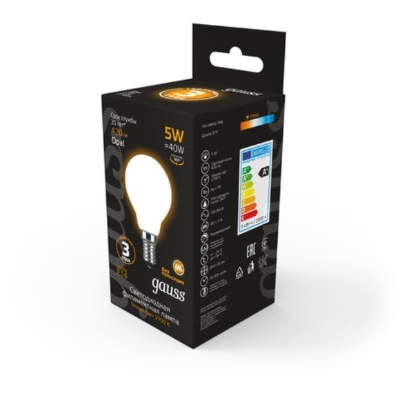 105201105 Лампа Gauss LED Filament Шар OPAL E14 5W 420lm 2700K 1/10/50 105201105 Лампа Gauss LED Filament Шар OPAL E14 5W 420lm 2700K 1/10/50
