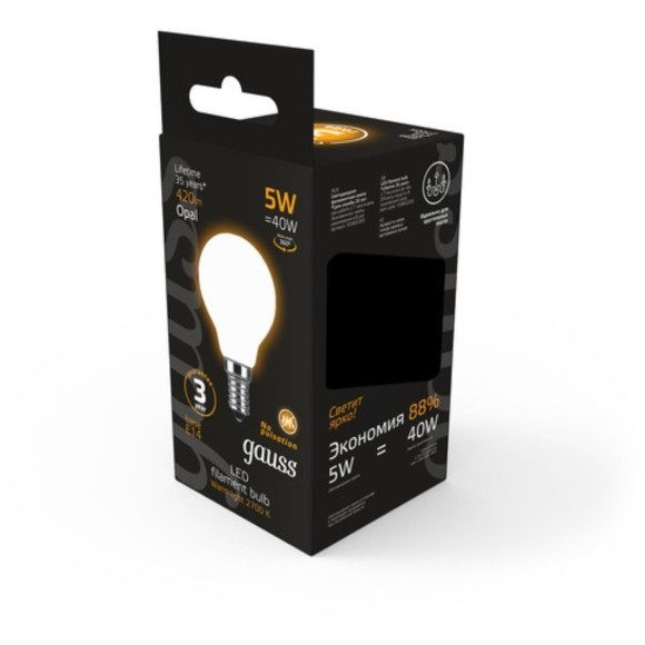 105201105 Лампа Gauss LED Filament Шар OPAL E14 5W 420lm 2700K 1/10/50 105201105 Лампа Gauss LED Filament Шар OPAL E14 5W 420lm 2700K 1/10/50