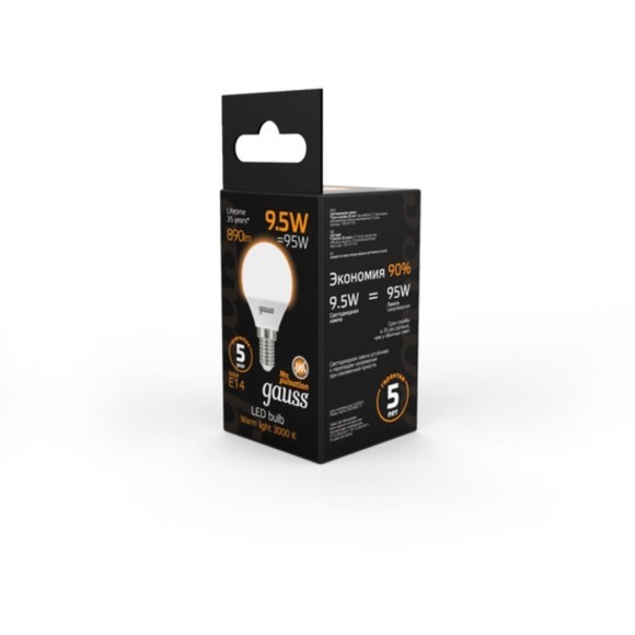 105101110 Лампа Gauss LED Шар E14 9.5W 890lm 3000K 1/10/50 105101110 Лампа Gauss LED Шар E14 9.5W 890lm 3000K 1/10/50