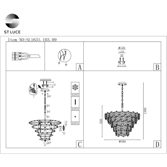 SL1631.103.09 Люстра подвесная ST-Luce Хром/Прозрачный E14 9*40W VITERBO