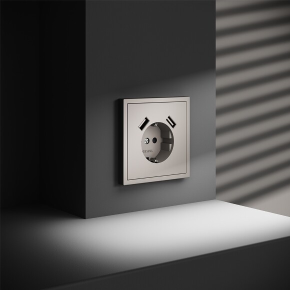 Розетка встраиваемая VOLTUM S70 с заземлением и защитными шторками, 16А, с USB, A+A, (кашемир)