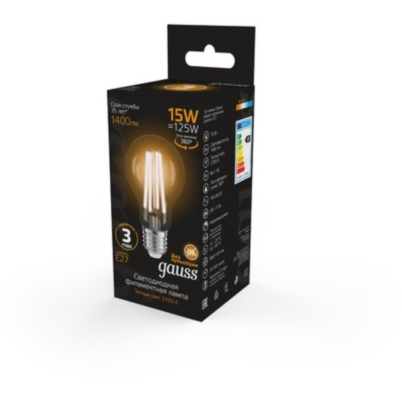 102902115 Лампа Gauss Filament А60 15W 1400lm 2700К Е27 LED 1/10/40 102902115 Лампа Gauss Filament А60 15W 1400lm 2700К Е27 LED 1/10/40
