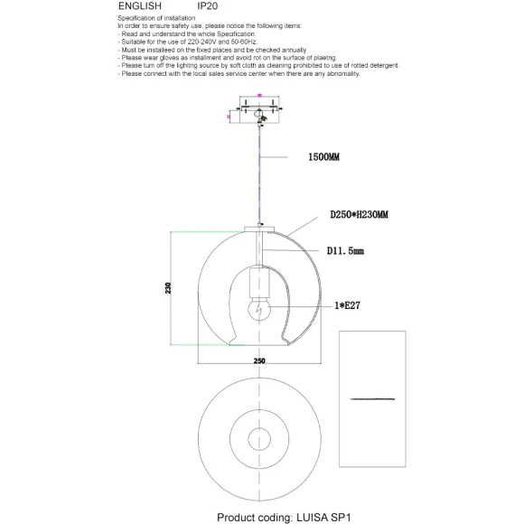 Светильник подвесной Crystal Lux LUISA SP1 BRASS/TRANSPARENT