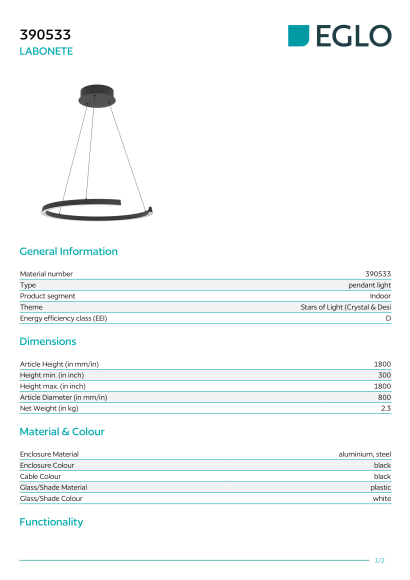 Подвесной светильник EGLO LABONETE 390533, встроенный LED 24,8Вт, 2200-6500К, 4100Лм, подключение 220В, черный корпус, диаметр 800 мм, высота 1800 мм Подвесной светильник EGLO LABONETE 390533, встроенный LED 24,8Вт, 2200-6500К, 4100Лм, подключение 220В, черный корпус, диаметр 800 мм, высота 1800 мм