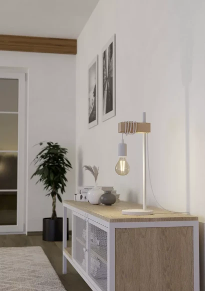 Белая настольная лампа EGLO TOWNSHEND 33163 под лампу E27, макс. 10Вт, подключение 220В, основание из стали, деревянный коричневый плафон, диаметр 155 мм, высота 500 мм