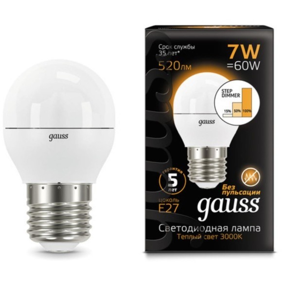 Светодиодная лампа Gauss Шар 7W 520Lm 3000K E27 105102107-S
