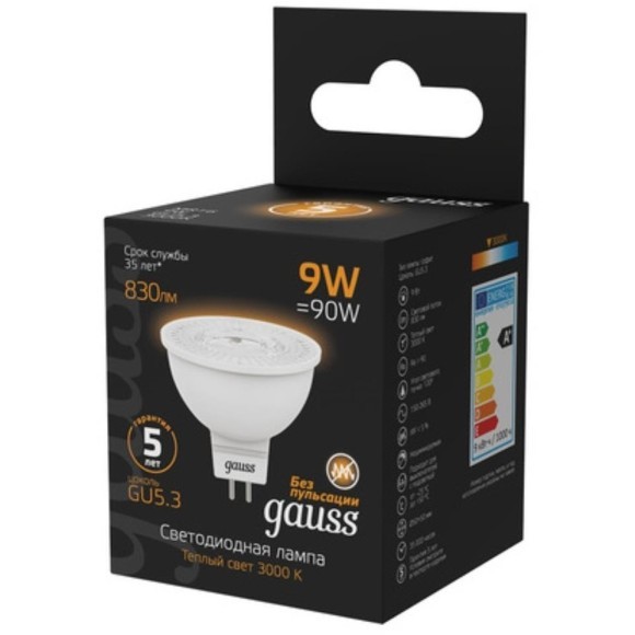 101505109 Лампа Gauss MR16 9W 830lm 3000K GU5.3 LED 1/10/100 101505109 Лампа Gauss MR16 9W 830lm 3000K GU5.3 LED 1/10/100
