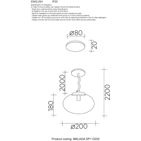 Светильник подвесной Crystal Lux MALAGA SP1 D200 GOLD