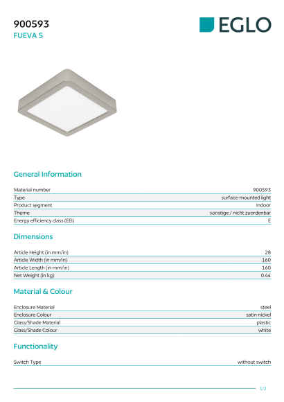 Никелевый накладной светильник EGLO FUEVA 5 900593, встроенный LED 11Вт, 3000К, CRI 80, 1350Лм, подключение 220В, диммирование TRIAC/MOSFET, арматура из стали, белый пластиковый плафон, 160 × 160 × 28 мм