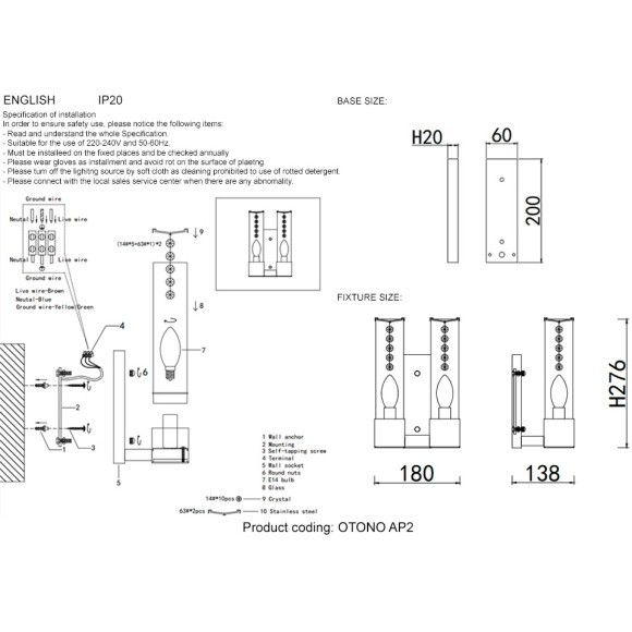 Бра Crystal Lux OTONO AP2 BLACK CHROMIUM/TRANSPARENTE