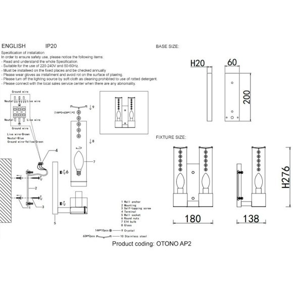 Бра Crystal Lux OTONO AP2 BLACK CHROMIUM/TRANSPARENTE