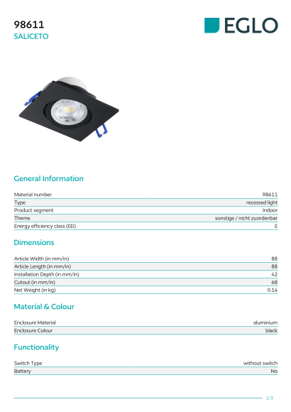 Черный встраиваемый светильник EGLO SALICETO 98611, встроенный LED 6Вт, 2700К, 450Лм, подключение 220В, диммирование TRIAC/MOSFET, поворот до 30°, алюминий