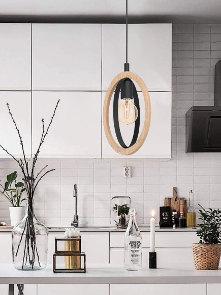 43461 Подвес BASILDON, 1x60W (E27), L190, B160, H1100, сталь, черный/дерево, коричневый