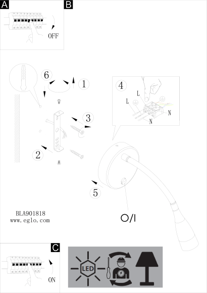 Настенный светильник EGLO 901819 со встроенным LED, CRI 80, подключение 220В, клавишный выключатель, белая стальная арматура, белый пластиковый плафон, диаметр 110 мм, вынос 430 мм