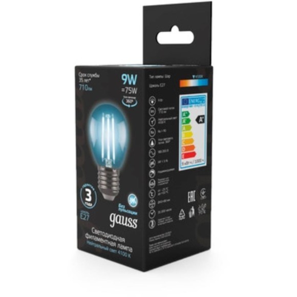 105802209 Лампа Gauss LED Filament Globe E27 9W 4100K 1/10/50