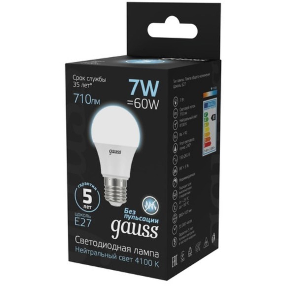 102502207 Лампа Gauss LED A60 E27 7W 710lm 4100K 1/10/40 102502207 Лампа Gauss LED A60 E27 7W 710lm 4100K 1/10/40