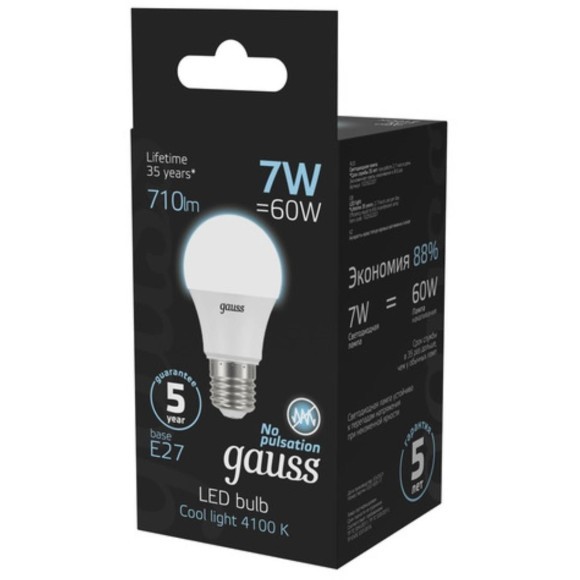 102502207 Лампа Gauss LED A60 E27 7W 710lm 4100K 1/10/40 102502207 Лампа Gauss LED A60 E27 7W 710lm 4100K 1/10/40