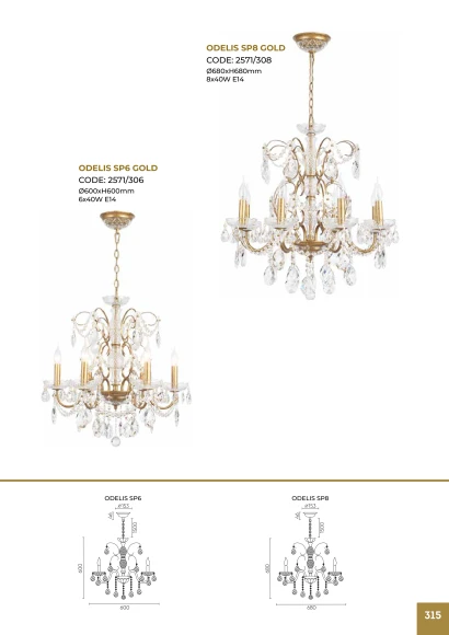 2571/306 ODELIS SP6 GOLD Crystal Lux Люстра золотая с патиной и прозрачными хрустальными подвесками, 6 x E14 до 40 Вт, Ø600 мм, H600 мм, IP20, 220 В