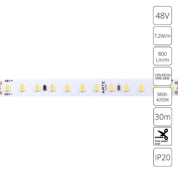 A4812010-04-4K Светодиодная лента 48В 7.2Вт/м 800Лм/м 4000К CRI 90+ 10мм SMD2835 120шт/м 30м IP20
