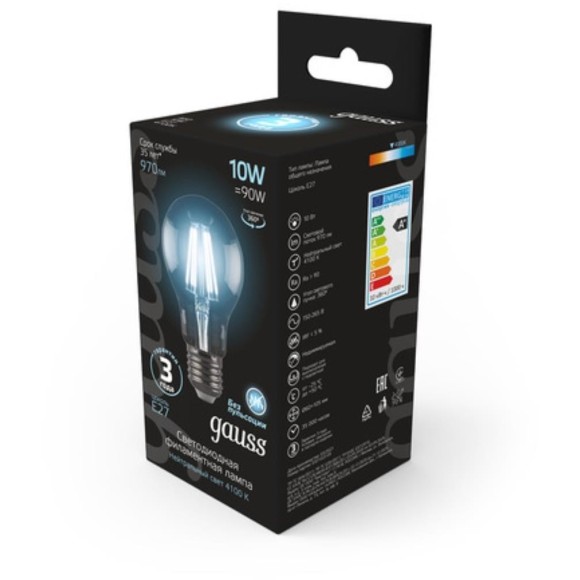 102802210 Лампа Gauss LED Filament A60 E27 10W 970lm 4100К 1/10/40