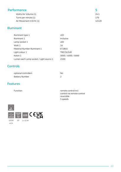Потолочный вентилятор со светильником EGLO CIRALI 52 35008, встроенный LED, двигатель DC 24Вт, 3000 / 4000 / 5000К, CRI 80, 2100Лм, подключение 220В, диаметр 1320 мм, высота 295 мм