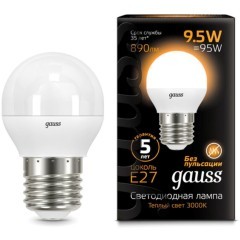 105102110 Лампа Gauss LED Шар E27 9.5W 890lm 3000K 1/10/50 105102110 Лампа Gauss LED Шар E27 9.5W 890lm 3000K 1/10/50