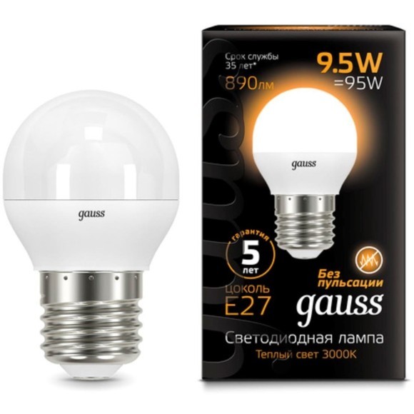105102110 Лампа Gauss LED Шар E27 9.5W 890lm 3000K 1/10/50